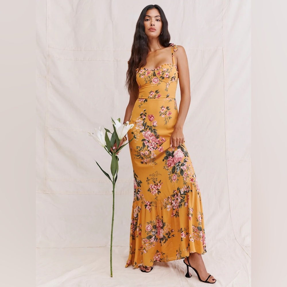 Reformation Jasen Ruffled Tiered Maxi Dress in Yellow